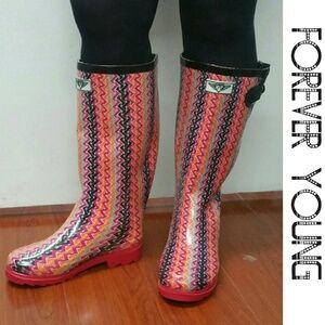 Women's Rain Boots, Faux Fur Lined Tall Rainboots, #1525, Zigzag